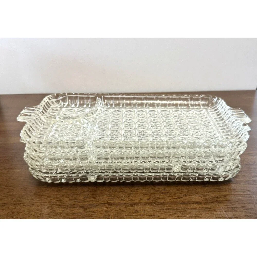 Set of 4 Vintage Pressed Glass Divided Luncheon Plates Great for Parties Sushi